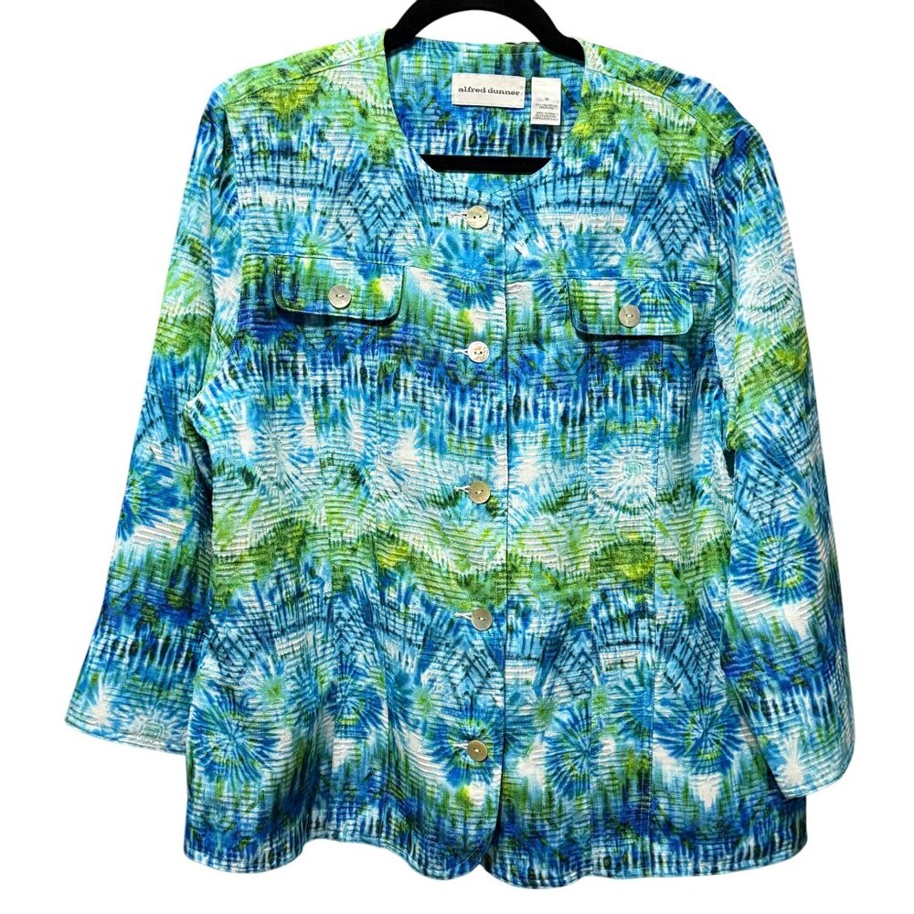 Alfred Dunner Womens Size 16 Multicolor Button-Up Jacket Blue & Green Pattern